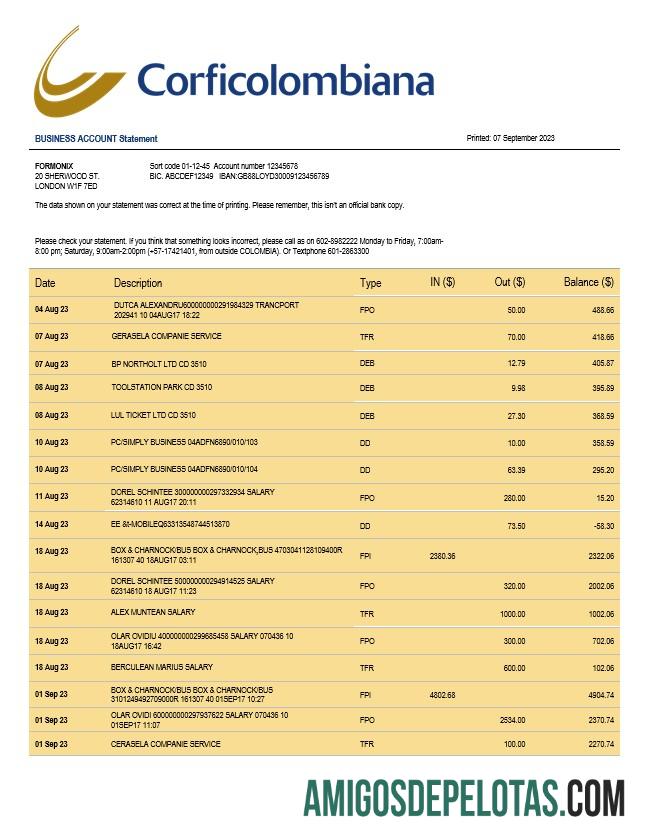 Em branco Banco Corficolombiana Extrato de conta corrente empresarial Modelo Word e PDF
